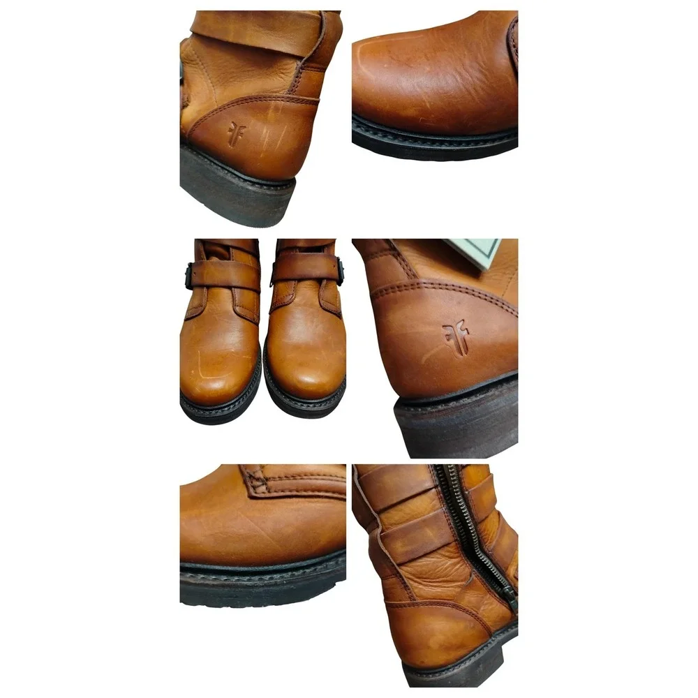 Frye Veronica Tanker Boots Women's 7M Cognac Moto‎ Combat Leather Strappy Belted - Picture 12 of 12